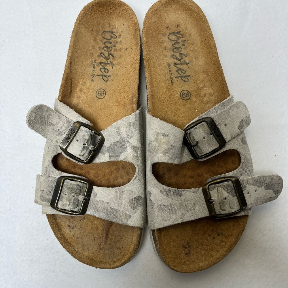 Biostep Double Strap Camouflage Leather Comfort Slip On Sandals Slides Size 6.5
